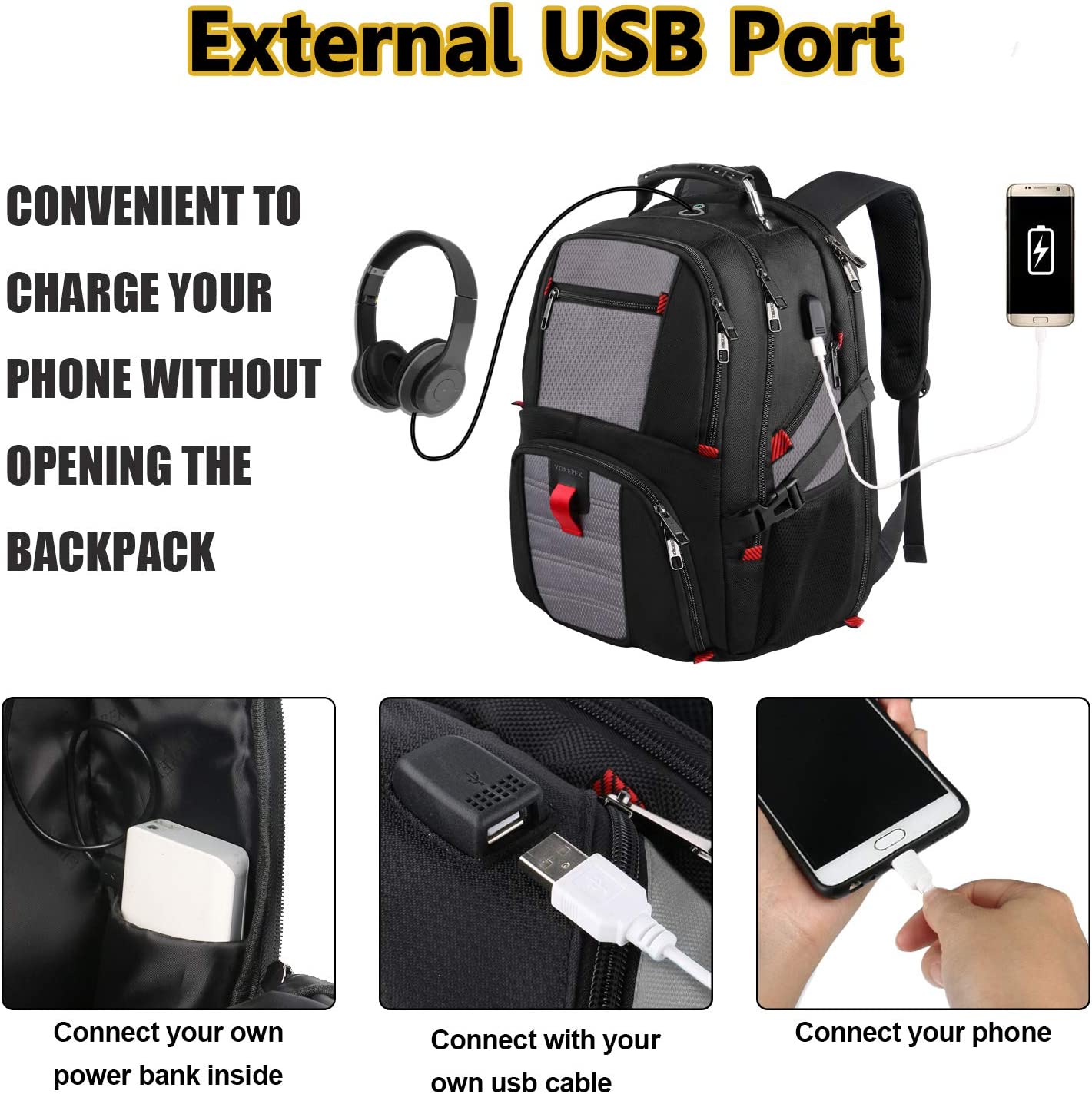 YOREPEK Travel Backpack, Extra Large 50L Laptop Backpacks for Men Women, Water Resistant College School Bookbag Airline Approved Business Work Bag with USB Charging Port Fits 17 Inch Computer, Black - Image 4